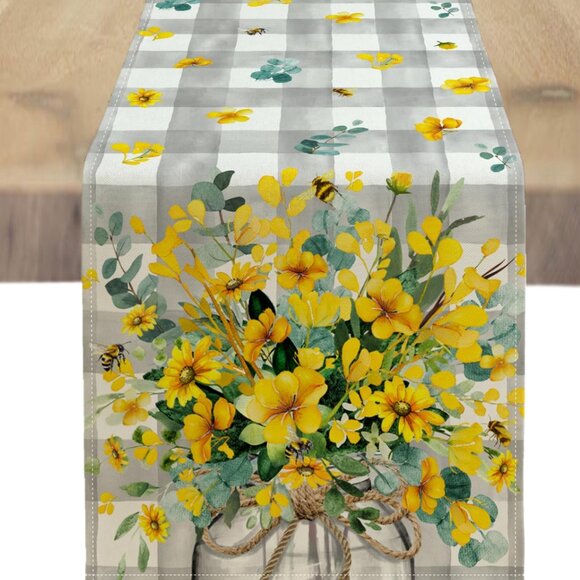 Yellow Floral Table Runner Farmhouse Cottage Decor Spring Summer Plaid Cloth 90"